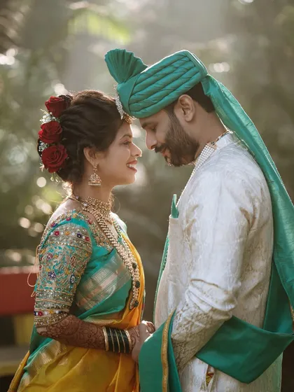 A classic portrait that radiates warmth and affection. The soft focus and close framing draw attention to the couple's happy expressions and the beginning of their new life together.
