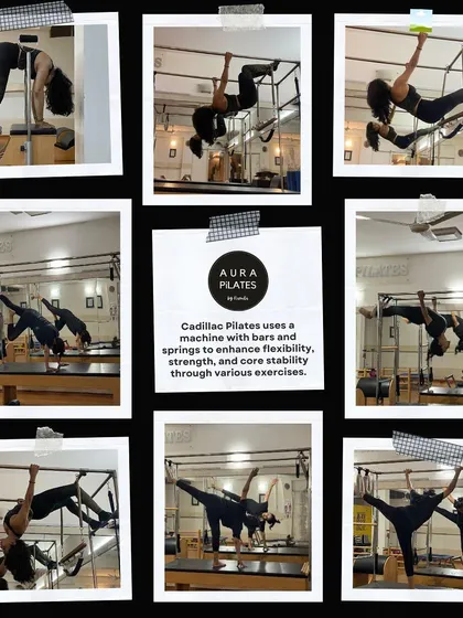 This collage showcases the power and versatility of the Cadillac. Using bars and springs, this machine delivers a dynamic workout that enhances flexibility, strength, and core stability.