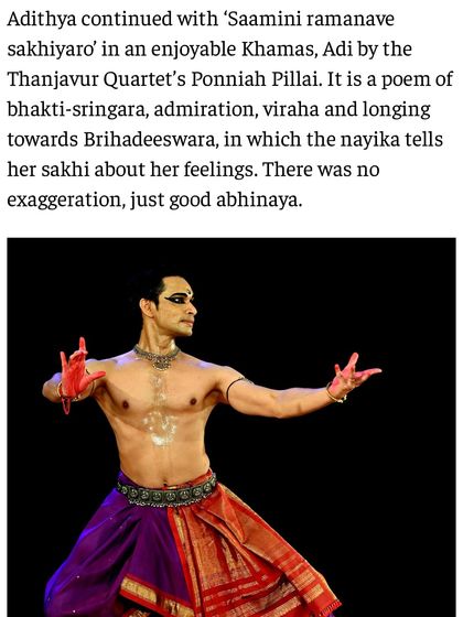 A moment from my performance of 'Saamini ramanave' captured in The Hindu. The review notes the focus on "good abhinaya," which is something I constantly strive for in my storytelling.
