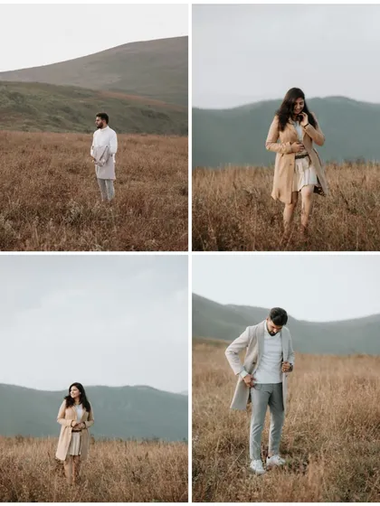 A series of individual portraits in a vast, open field. This shows how I capture both the couple together and their individual personalities within the same beautiful landscape.