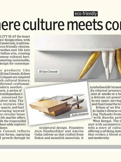 A feature on our furniture brand, Furgonomics, in Indulge Express. The article highlights our commitment to sustainable luxury and the revival of Indian crafts like Koftgiri and Jag Tarkashi.