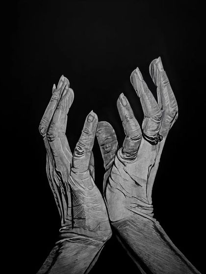 "Ageing." This piece from Day 29 shows two hands, weathered and wrinkled, reaching upwards. It's a meditation on the passage of time.