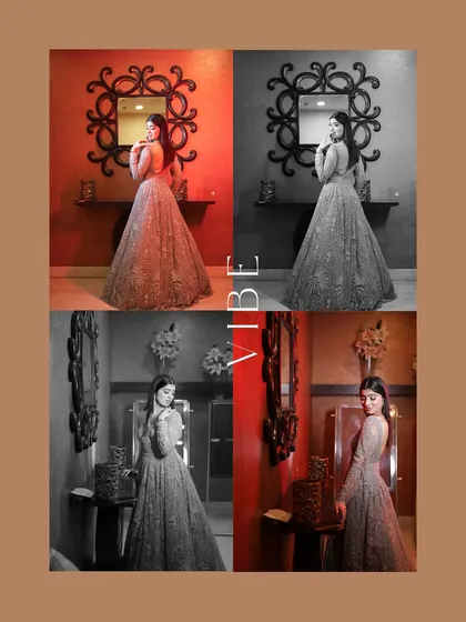 A creative quad-split image showing the bride in her glamorous reception gown. The mix of color and black-and-white shots adds an artistic, editorial feel to the portrait.