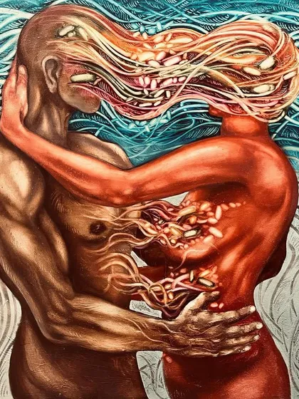 This 48x60 inch oil on canvas from 2022 is a deep dive into the theme of soulmates. I use surreal and figurative elements to explore the invisible, powerful connection that binds two people, showing how their energies intertwine.