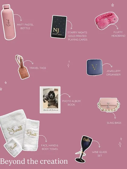 An exploded view of a curated hamper, detailing each personalised item like a matt pastel bottle, photo album, wine glass, and fluffy headband.