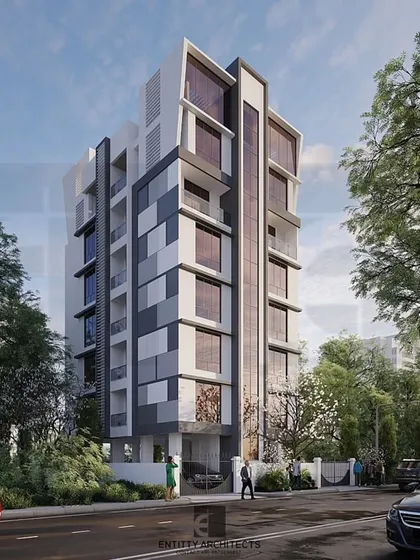 A 3D visualization of an upcoming residential building in Panvel, Navi Mumbai. The facade design uses a dynamic pattern of grey and white panels to create a contemporary look. This Stilt+6 floor structure is an example of my approach to creating functional and visually striking multi-family housing.