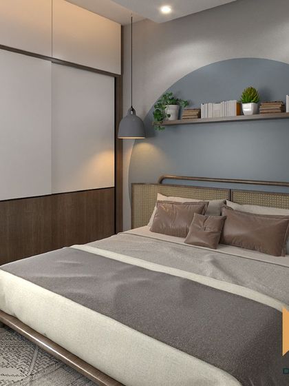 A bedroom featuring a cane headboard and an arched, painted wall feature that doubles as a shelf, adding a touch of softness and personality.