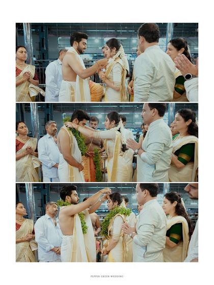 A collage documenting the sacred rituals of a temple wedding, including the thali tying ceremony.