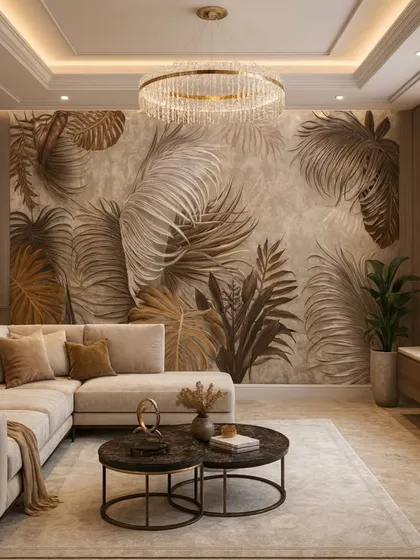 This living room showcases a sophisticated take on tropical design with a 3D wallpaper of embossed palm leaves in bronze and brown tones.