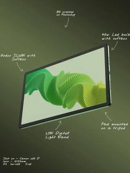 A behind-the-scenes still from a Realme Pad 2 shoot. This image breaks down the entire setup, from the lighting equipment used to the camera settings, offering a transparent look at my photography process for products.