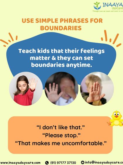 An infographic providing simple phrases children can use to set boundaries, such as "I don't like that" or "Please stop." We empower children with the language to express their feelings.