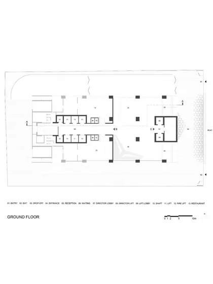 The ground floor plan for the Parinee Lobby, illustrating the layout of the reception, waiting areas, and circulation paths. The plan shows how the design manages flow within the geometric framework.
