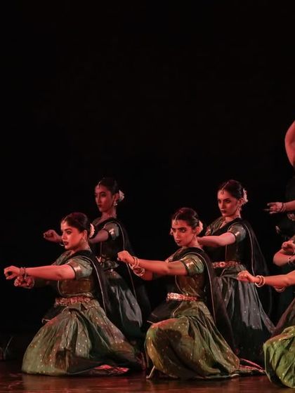 This formation from 'Ek Anant' shows the vanar sena (army of monkeys). Choreographing for a group involves creating a cohesive unit while allowing for individual character expression.