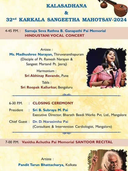 The schedule for the Karkala Sangeetha Mahotsav, showing my accompaniment for a Hindustani vocal concert by Ms. Madhushree Narayan.