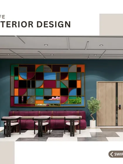 This section of the cafe features a long magenta sofa set against a dark teal wall with a vibrant, abstract art piece. This combination of color and art creates a perfect photo opportunity, turning a corner of the cafe into a shareable brand moment.