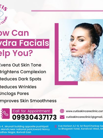 This graphic summarizes the key benefits of a HydraFacial. The treatment effectively evens out skin tone, brightens the complexion, reduces dark spots and fine lines, and unclogs pores to improve overall skin smoothness and radiance.