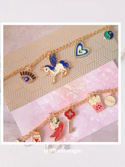 Here are two custom bracelets I made, each telling a different story. One features a magical winged unicorn and protective evil eye, while the other has a dreamy mermaid, a Virgo zodiac sign, and a boba tea charm for the foodie.