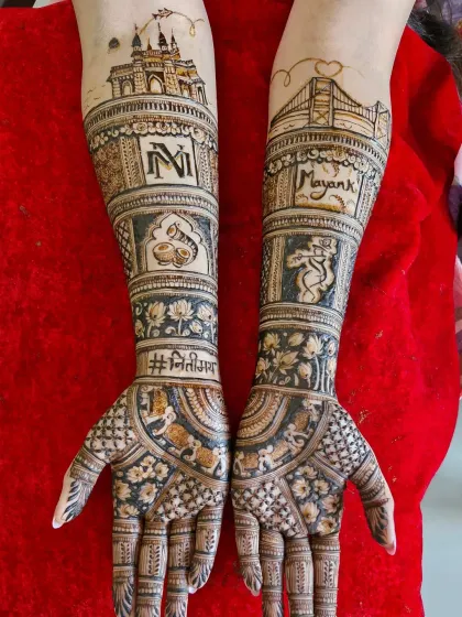 For the modern Mumbai bride, I designed this unique skyline mehendi. It features the iconic Gateway of India and the Bandra-Worli Sea Link, along with the couple's initials and wedding hashtag.