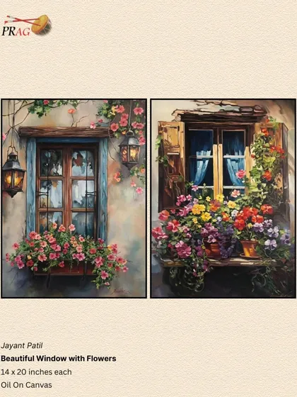 A beautiful diptych of floral windows by Jayant Patil, each one a picturesque scene overflowing with colorful flowers.