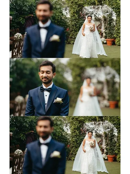 The story of the first look unfolds in this three-part image. It shows the groom's anticipation as his bride walks towards him, a moment filled with pure emotion.