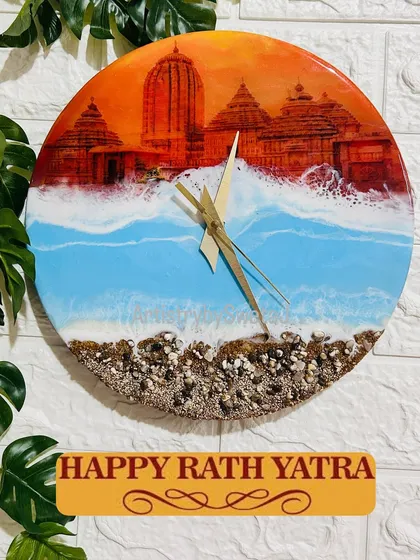 I crafted this special Jagannath Puri wall clock to capture the meeting of divine faith and the endless ocean. The design features the sacred temple against a sunset sky, with real sand and textured waves, bringing a piece of Puri's spiritual energy into your home.