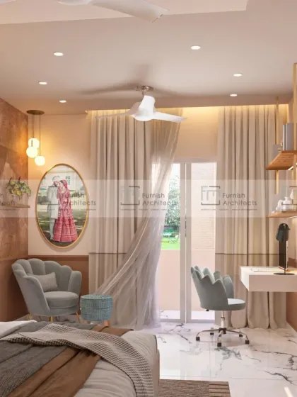 A cozy corner in the same bedroom, featuring a scalloped armchair and a sleek, wall-mounted study or vanity table. The design shows how even a small corner can be transformed into a functional and beautiful space.