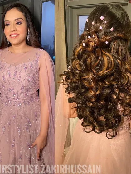 A collage of a half-up style with curls, decorated with scattered pink pearls for a soft, romantic look.