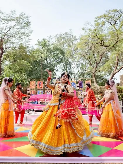 A wide view of the outdoor dance setup, showing how we transform a simple lawn into a vibrant party space.