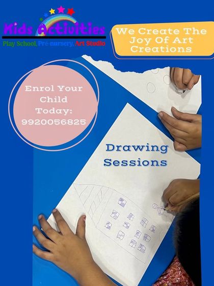 Drawing sessions are a core part of our Art Studio. Here, young hands are learning to tear paper and sketch, a simple yet effective activity for developing fine motor control and artistic confidence. We create the joy of art creations.