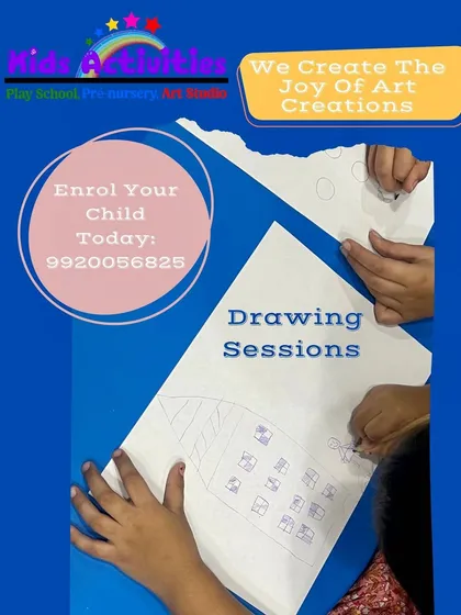 Drawing sessions are a core part of our Art Studio. Here, young hands are learning to tear paper and sketch, a simple yet effective activity for developing fine motor control and artistic confidence. We create the joy of art creations.