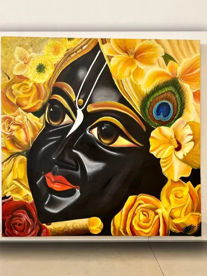 This is a detailed, close-up view of my hand-painted Shrinathji-style Krishna. I focused on the rich, dark complexion and the adornment of vibrant yellow flowers, creating a powerful and devotional portrait that is both traditional and striking.