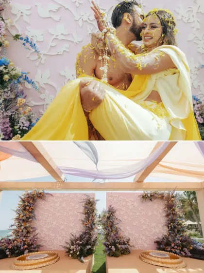 A collage capturing the playful and tender moments of a Haldi ceremony by the sea in Oman, set against a backdrop of pastel florals.
