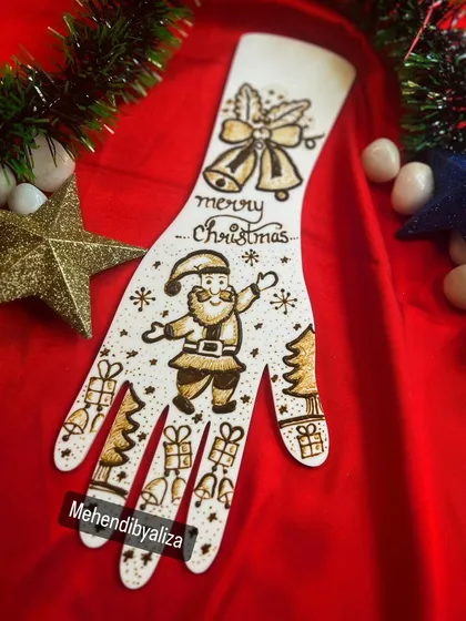 A fun and festive Christmas-themed mehendi design with Santa Claus, Christmas trees, and gifts.