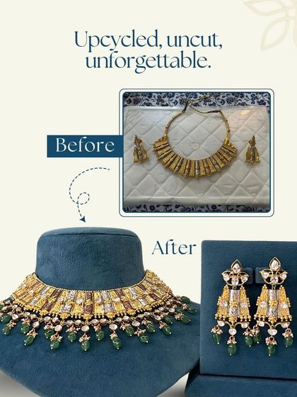Adding uncut diamonds is a game-changer for upcycling. This transformation shows how we took a plain gold set and elevated it with polkies and emeralds, creating a regal and unforgettable bridal piece.