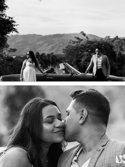 A diptych of two black and white images from a vintage car shoot. The top shows the couple in the landscape, while the bottom is an intimate close-up, demonstrating our ability to capture both scale and emotion.