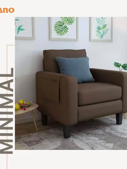 This minimal brown armchair is perfect for a cozy corner. It features a simple, sturdy frame and comfortable cushioning, ideal for a relaxed living space.