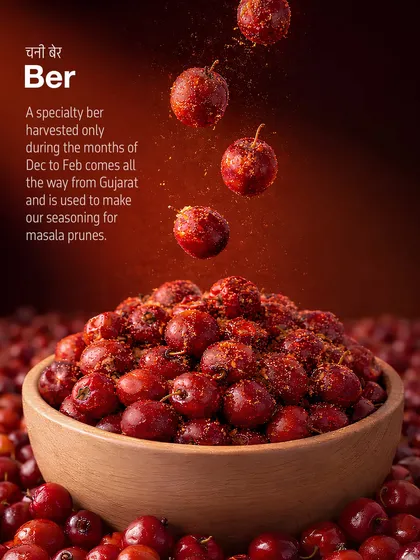 These are Chani Ber, a specialty fruit harvested only from December to February in Gujarat. I use these unique masala prunes to create a seasoning that adds a distinct fruity sourness, a testament to how I source special, regional ingredients for my blends.