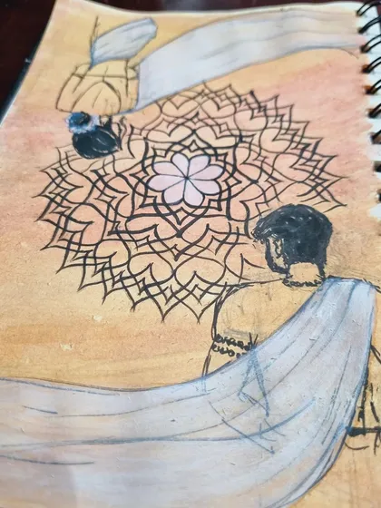 A concept sketch from my personal notebook exploring themes of spiritual connection. This piece, titled 'cosmic union', uses mandala art and figurative drawing to represent the bond between two souls. Many of my larger paintings begin with intimate sketches like this.