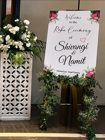 A personalized welcome easel for Shivangi and Namit's Roka ceremony. This is the first thing guests see, and I make sure it's beautiful and welcoming.