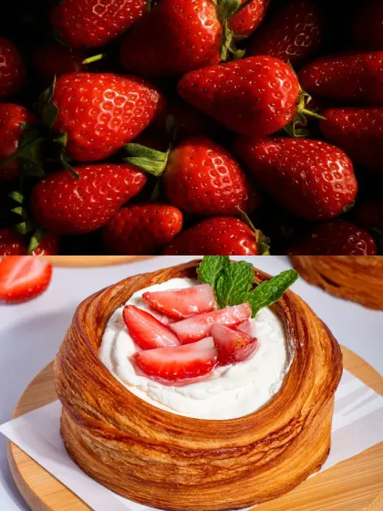 A split-screen view showing the fresh strawberries that go into our Strawberries and Cream Danish.