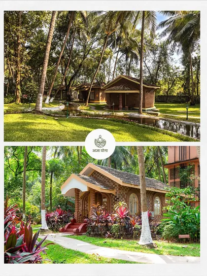 The serene, natural cottages at our Kerala retreat location. We stay in places that are deeply connected with nature, allowing you to wake up to the sounds of birds and the rustling of palm trees.