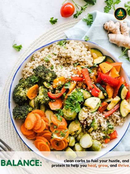 Balance is the key. I ensure every meal has the perfect blend of clean carbs to fuel your hustle and protein to help you heal, grow, and thrive.