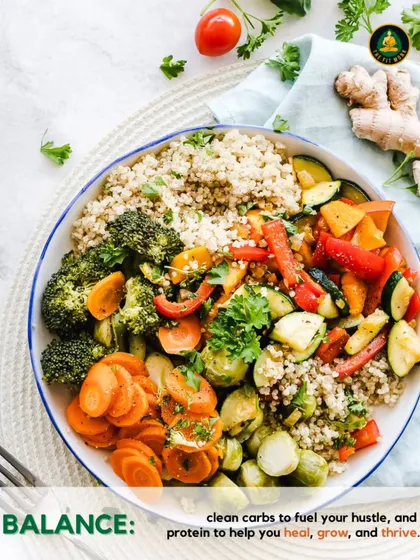 Balance is the key. I ensure every meal has the perfect blend of clean carbs to fuel your hustle and protein to help you heal, grow, and thrive.