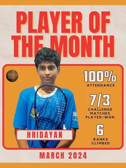 Meet Hridayan, our March Player of the Month! He showed exceptional courage, climbing the ranks by beating a higher-seeded opponent, and his 100% attendance sets a shining example.