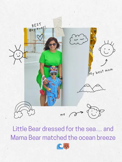 Little Bear dressed for the sea, and Mama Bear matched the ocean breeze. More memories from our family adventures.