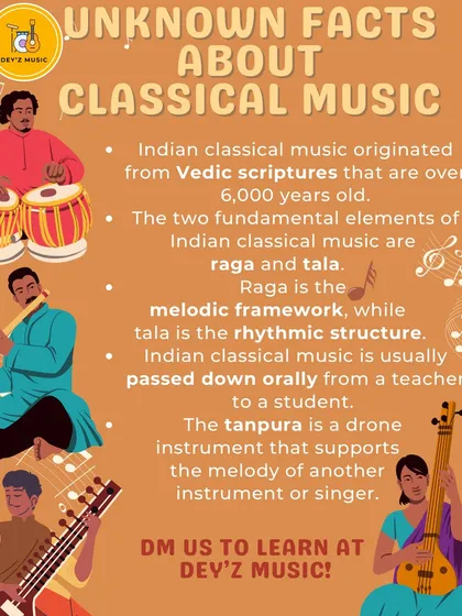 Here are some interesting facts about Indian classical music. Its origins, the core elements of 'raga' and 'tala', and the tradition of passing knowledge from teacher to student are all part of what you learn here.