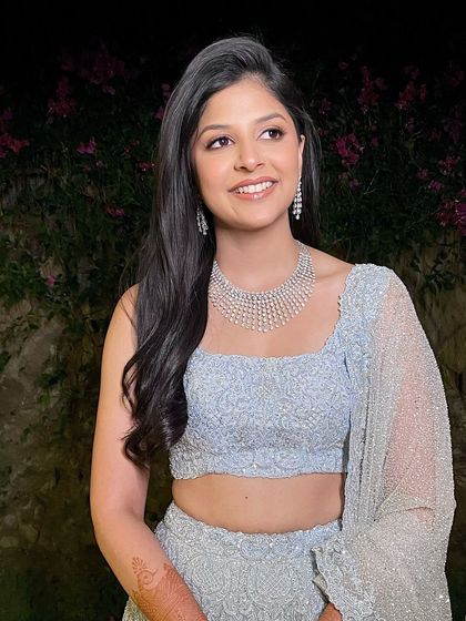 Beautiful in blue for her sangeet night. This client was drawn to soft and dreamy makeup, so we gave her a natural, glowing look that perfectly complemented her pastel outfit.