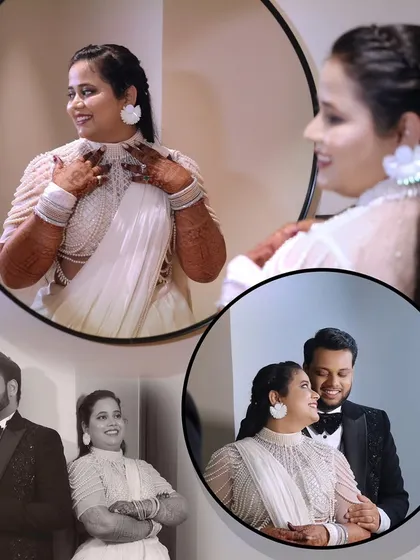 A collage featuring a bride in a modern white saree-gown, posing by a mirror and with her groom.