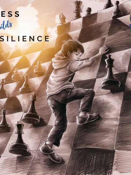 Chess builds resilience. This artwork shows a child climbing a steep chessboard, symbolizing the perseverance needed to overcome challenges and learn from losses.