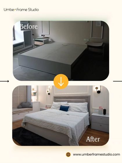 Before and After: We transformed this basic bedroom frame into a serene retreat with a custom upholstered headboard, coordinated side tables, and elegant wall sconces.